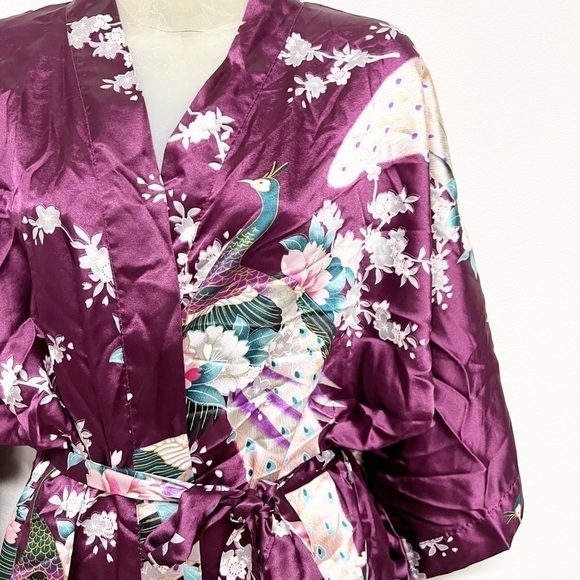 Old Shanghai Womens Dark Purple Peacock Feather Floral Print Belted Kimono Sz OS - Picture 5 of 8